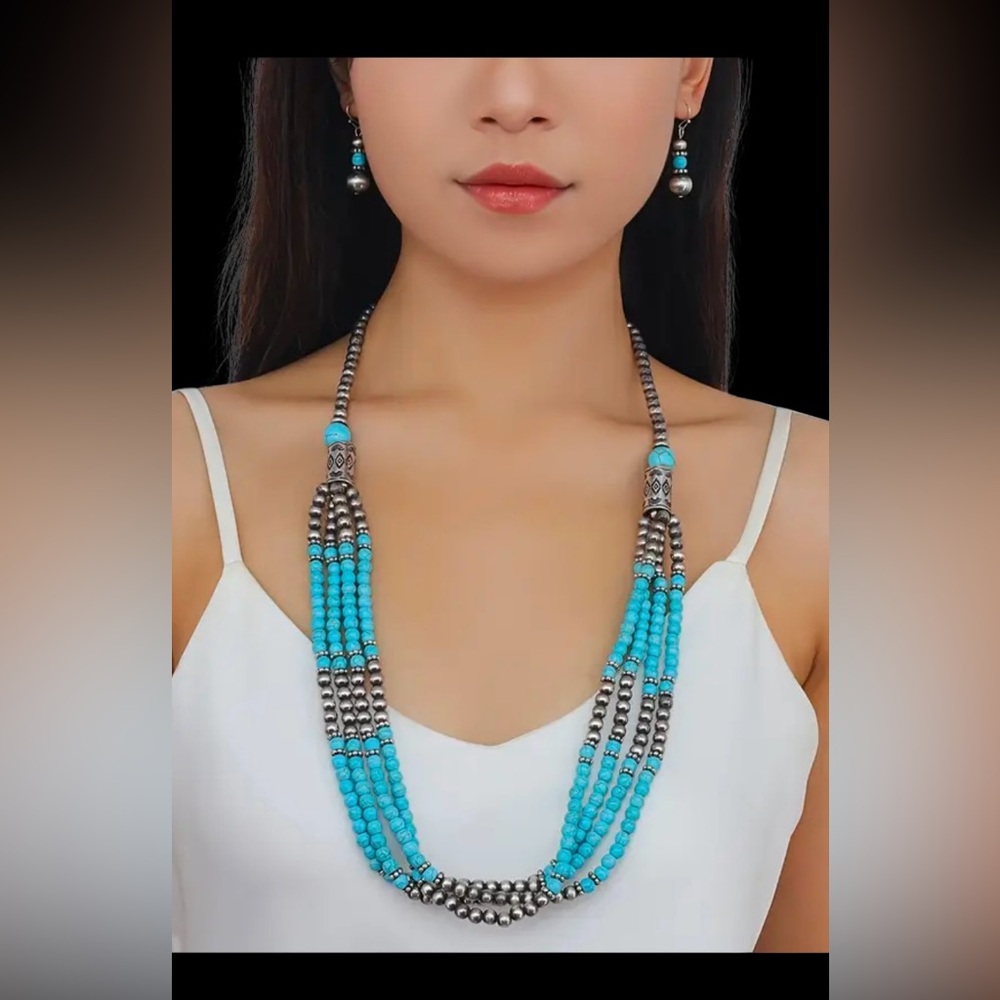 Faux Navajo Pearl Style Multi Strand Faux Turquoise Beaded Necklace Earrings Set